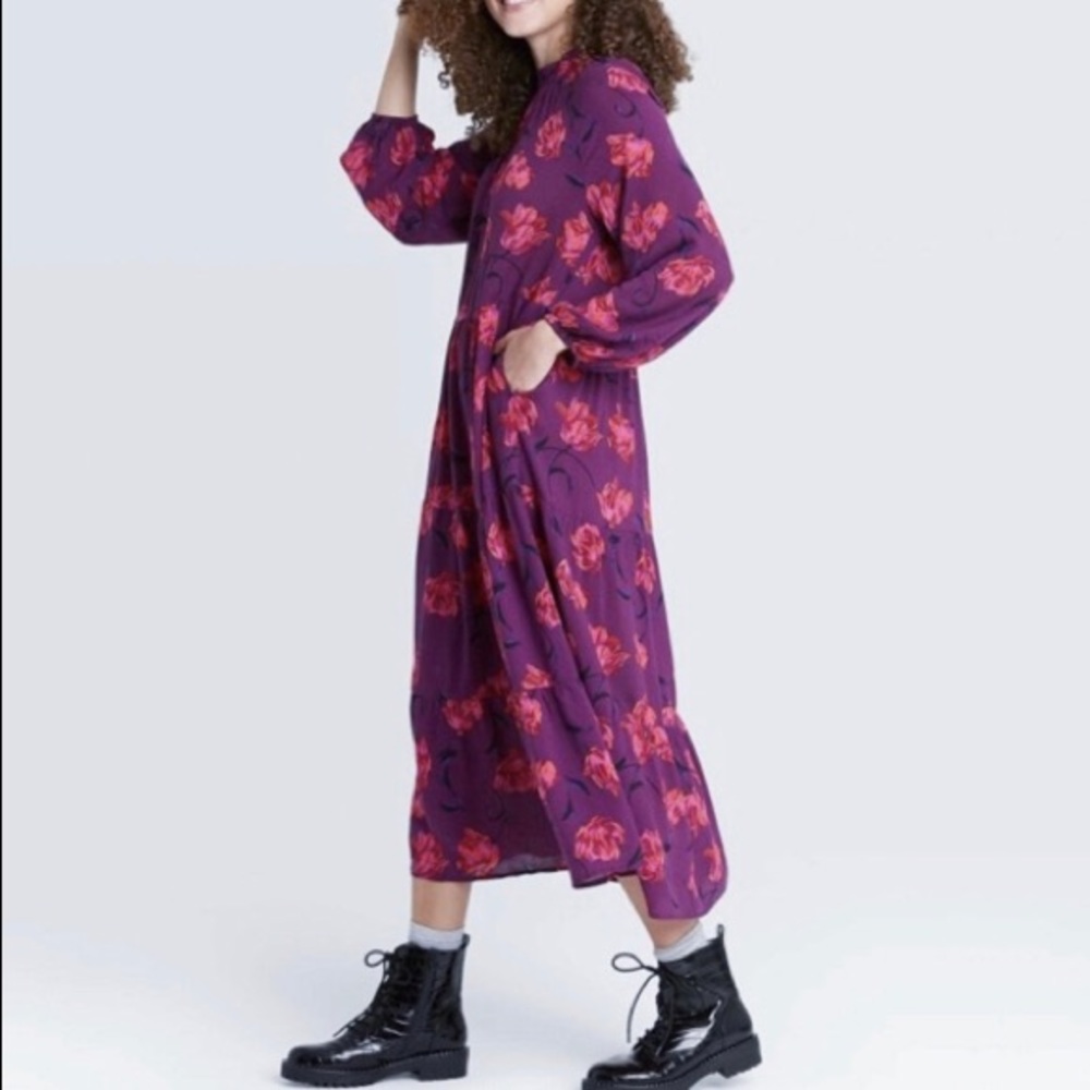 A New Day Purple Floral Long Sleeve Tiered Dress